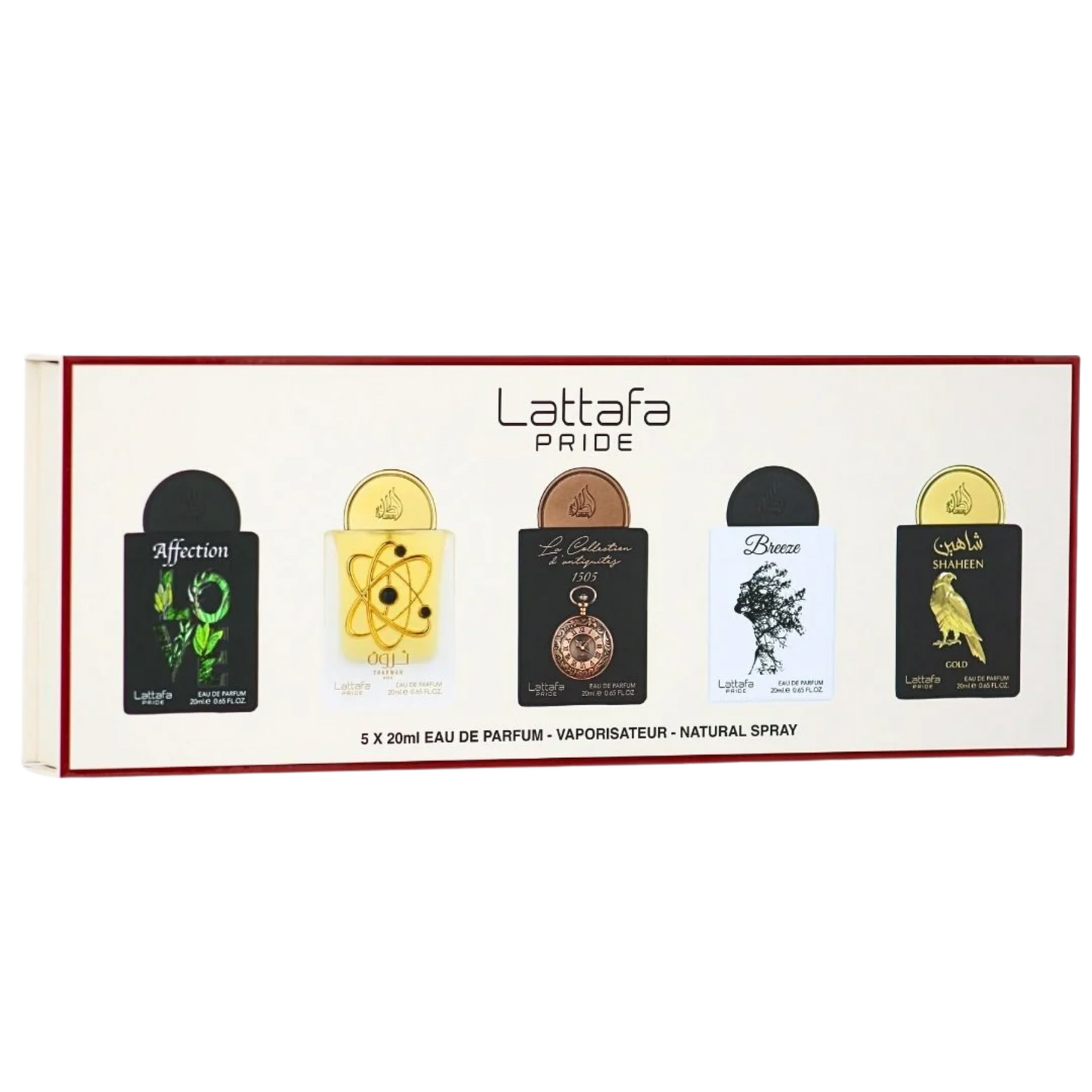 LATTAFA PRIDE 5X20ML GIFTSET AFFECTION-THARWAH GOLD-WATCH 1505-BREEZE-SHAHEEN GOLD