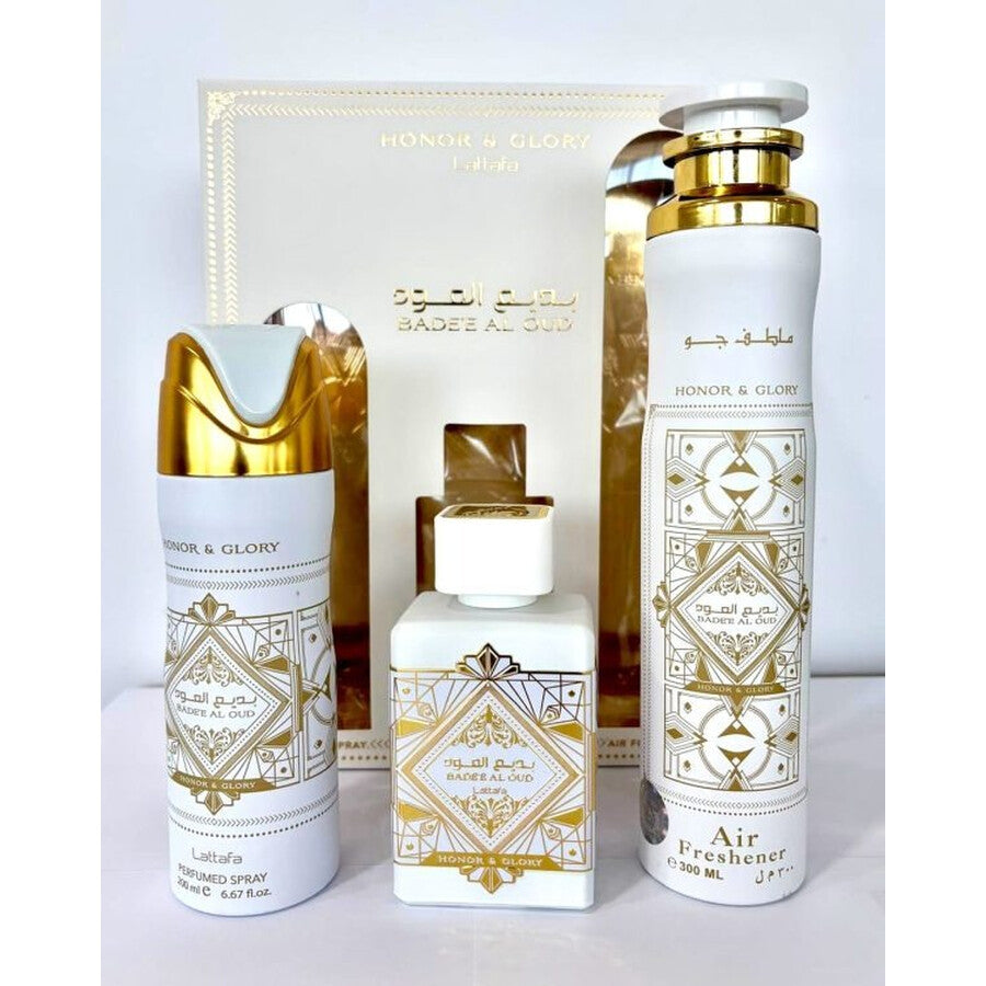 LATTAFA BADEE AL OUD HONOR AND GLORY 3PCS GIFT SET WITH 100 ML EDP + 200ML DEO + 300ML AIR FRESHNER