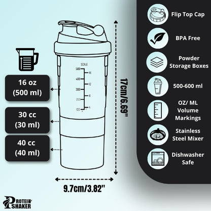 PS-01 Protein Shaker Cup with Storage, 16 Ounces Blender Bottle for Protein Mixes