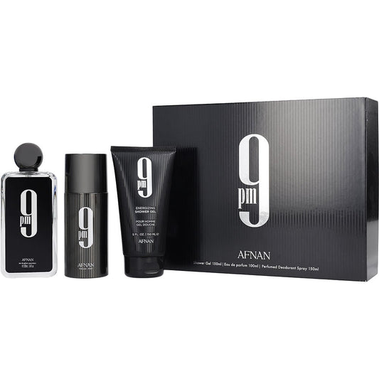 AFNAN SET 3 pcs 9PM MEN 4PC SET 3.4 EDP SPRAY / 3.4 S.GEL / 3.4 BL / 5.0 BODY MIST