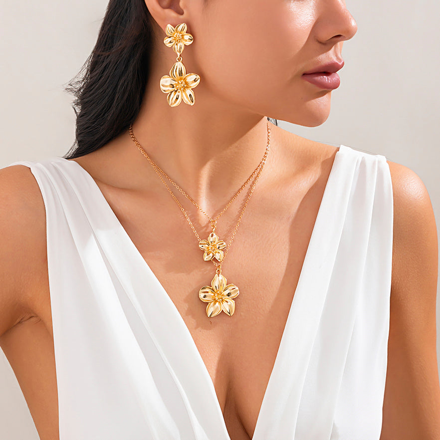 Charms Stripe Stackable Flower Necklace Earrings Set for Women Trendy Lady Party Stud Earrings Fashion Jewelry Accessories Gifts