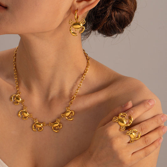 INS Hot Sale 18K Gold Plated Stainless Steel Jewelry Set Cute Crab Charms for Necklace Bracelet Ring Earring Insect